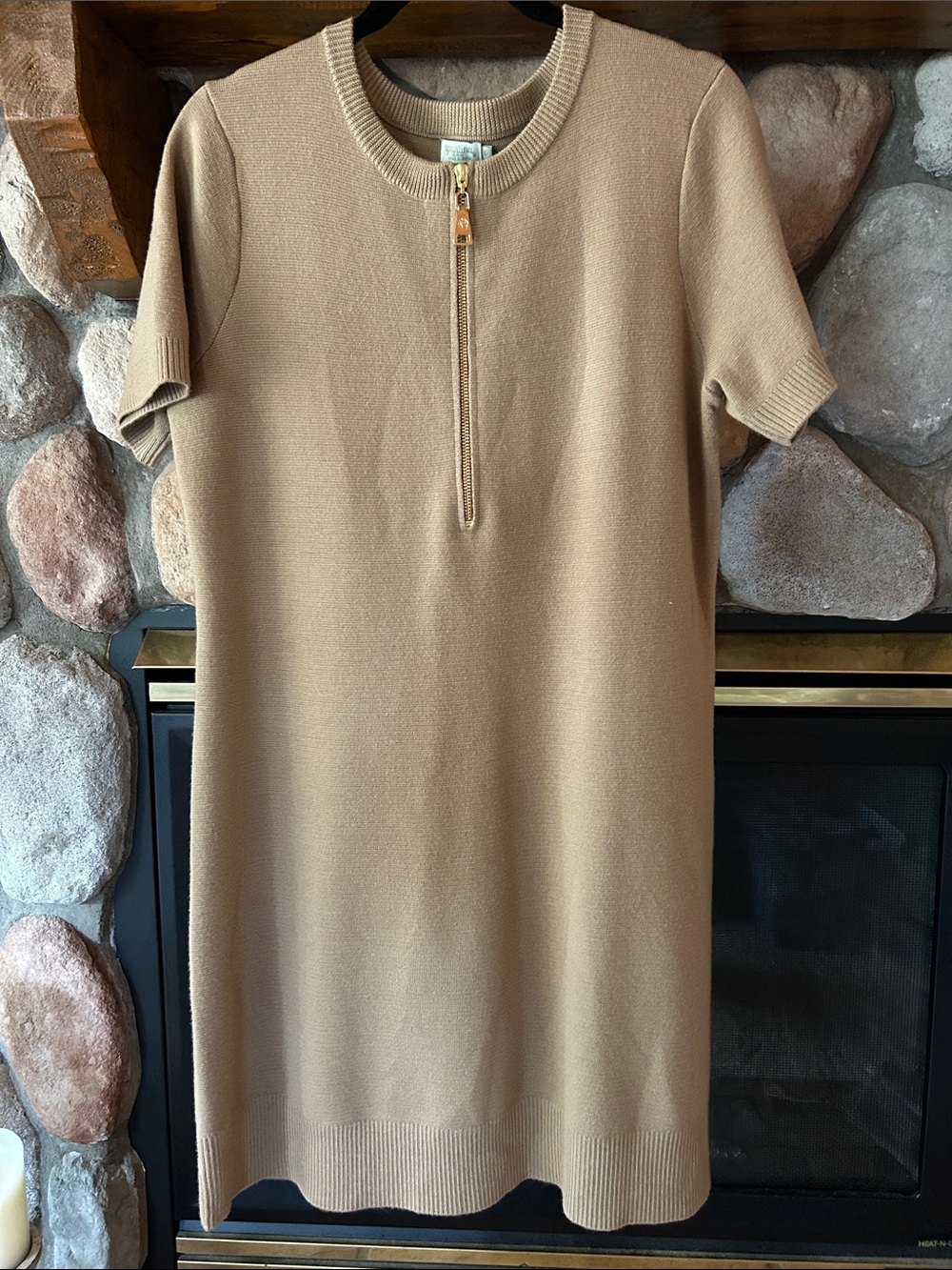 Spartina 449 Serena Camel Short Sleeve Front-Zip Wool Knit Sweater Dress, Size L